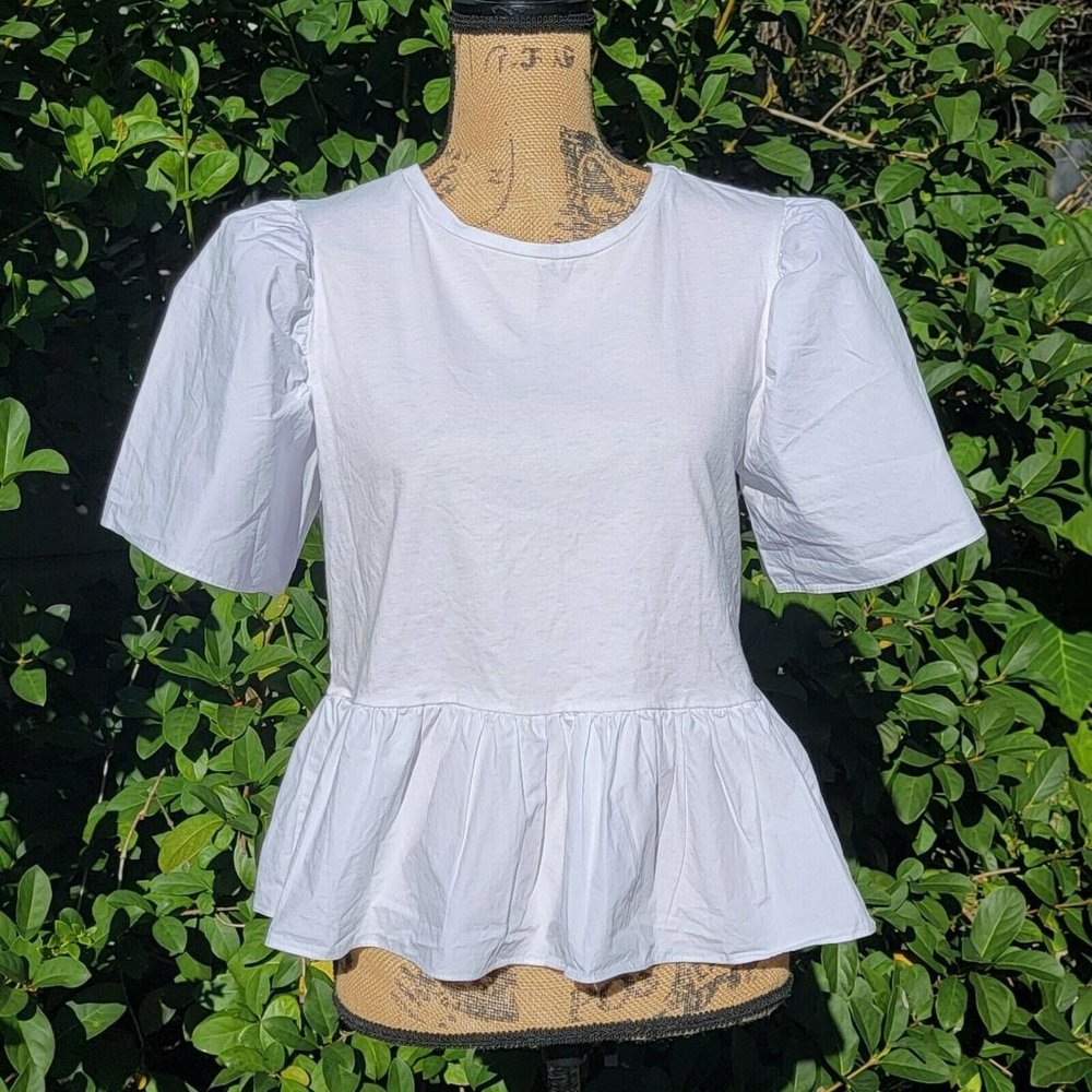 English Factory Top Blouse Shirt Short Puff Sleeve Peplum Hem